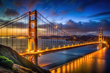 Obraz premium Stunning View of Golden Gate Bridge Illuminated by Night Lights Against a Dark Sky in San Francisco