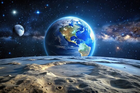 Stunning View of Earth from the Moon's Surface with Stars and Space in the Background at Night