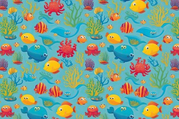 Naklejka premium Vibrant Bright Cartoon Aquatic Sea Life Pattern for Kids' Playful Backdrop