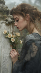 Sad young woman leans against an old headstone