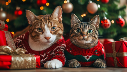 dog-cat-christmas-sweaters-sitting