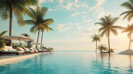 Fototapeta premium Tropical resort pool with palm trees and lounge chairs.