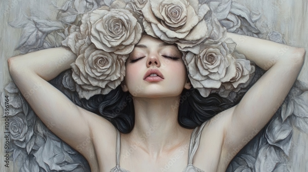 Canvas Prints A woman with roses on her head laying down in a bed, AI