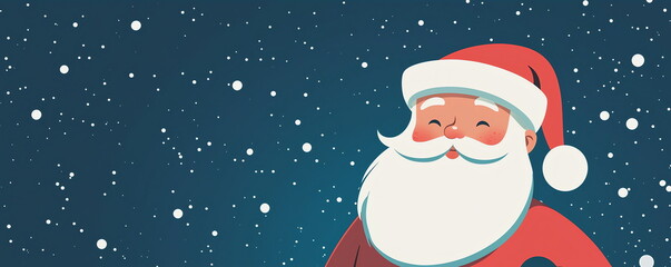 Cheerful cartoon Santa Claus in red suit smiles on blue snowy background. Banner, poster, greeting card, template with copy space for holiday design. Christmas joy and holiday spirit
