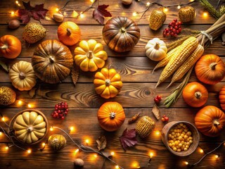 Thanksgiving Pumpkins and Corncobs on Rustic Table with Garland and Beautiful Defocused Lights