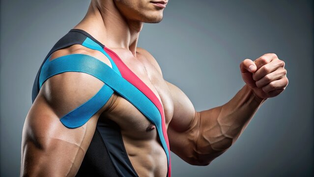 Therapeutic kinesiology tape applied on athlete's arm for muscle support and injury prevention therapy