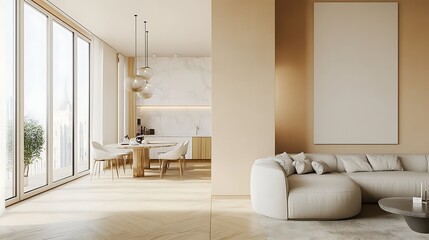  Beige home living room interior with rest and dining zone, window. Mockup wall 