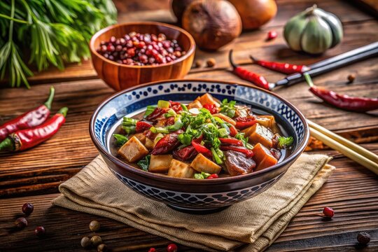 Traditional Chinese Dufu in a bowl with chopsticks, garnished with herbs on a wooden table