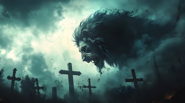 Lion at Calvary, blending with the stormy sky and crosses, creating a dramatic spiritual image of resurrection and power through double exposure photography
