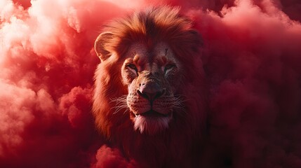 Lion's head in a dynamic overhead close-up, framed by dramatic red smoke, its regal expression standing out in a striking composition