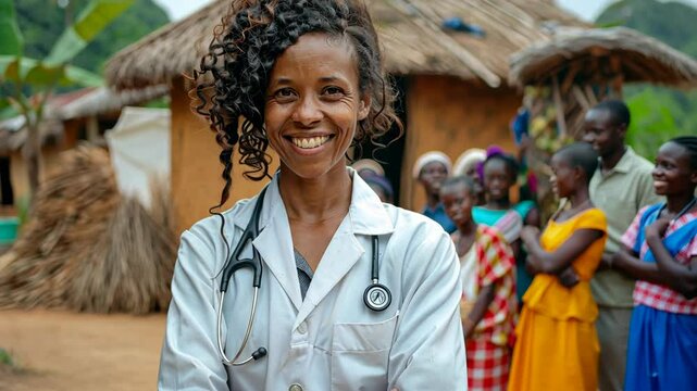 A female doctor smiles warmly at a group of people in a rural village