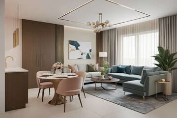Elegant Dining Corner and Airy Living Room Interior Style with Soft Colors and Modern Furniture 3D Rendering