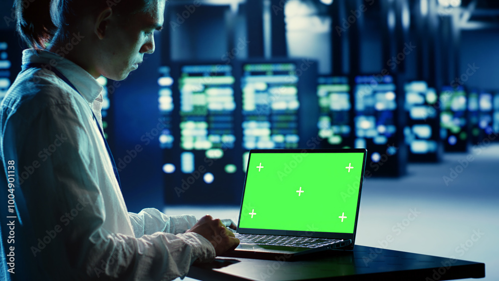 Poster employee using green screen laptop to fix data center hardware clusters providing processing resourc