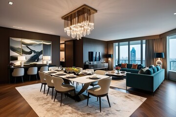 Fototapeta premium Artistic Interior of Upscale Apartment with Unique Dining Arrangement and Spacious Living Area