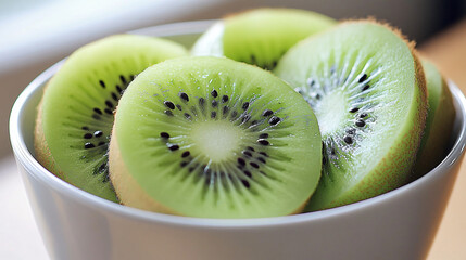 A bowl of sliced kiwi, showcasing its bright green flesh and tiny black seeds.
