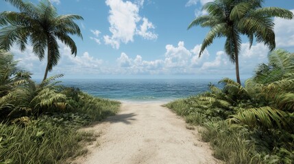Naklejka premium Tropical Beach Path with Palm Trees and Ocean View