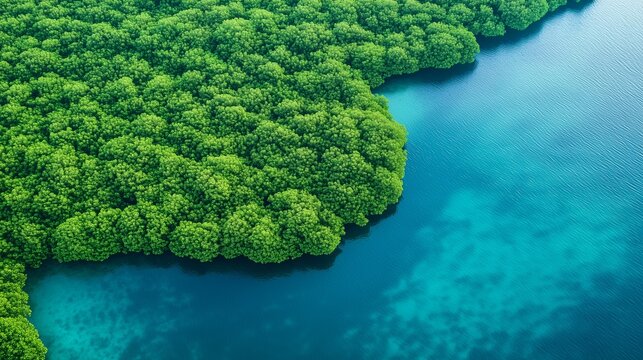Aerial view of lush green mangrove forest along crystal-clear turquoise waters in coastal region