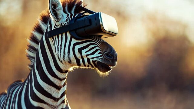 A zebra wearing a virtual reality headset in a savanna setting during a golden hour