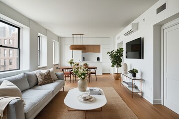 Fototapeta premium Chic Apartment Aesthetic with Airy Living Room and Pristine White Walls