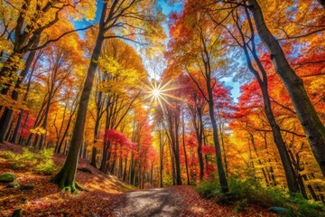 Fototapeta premium Vibrant Autumn Forest with Colorful Foliage and Sunlight Filtering Through the Trees