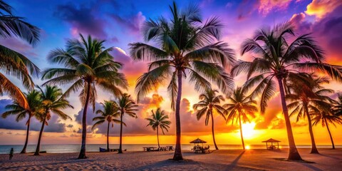 Fototapeta premium Vibrant Beach Scene at a Tropical Destination with Palm Trees and Relaxing Atmosphere in Miami