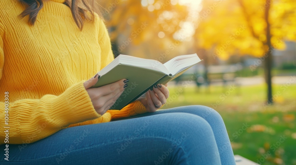 Poster A woman in a yellow sweater sitting on the ground with an open book, AI