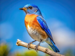 Fototapeta premium Vibrant Blue Bird Perched on a Branch Against a Clear Sky, Showcasing Nature's Beauty and Serenity