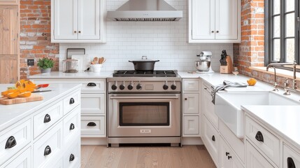 Fototapeta premium Modern White Kitchen Interior with Exposed Brick Wall and Stainless Steel Appliances