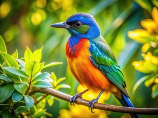 Fototapeta premium Vibrant California Bird Perched on a Branch Amidst Lush Green Foliage in a Sunny Environment