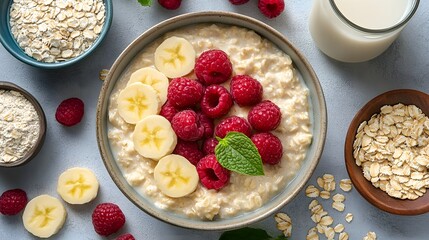 Overhead shot of creamy oatmeal in a bowl, oat milk in a glass, oat flour dusting, clean vegan breakfast setup, healthy and nutritious