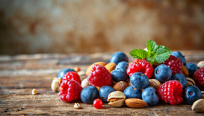 mixed-nuts-fresh-berries-wooden-background