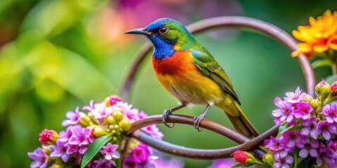 Obraz premium Vibrant Colorful Bird Perched on a Decorative Ring Surrounded by Natural Greenery and Flowers