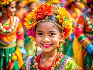 Vibrant Culture of the Philippines: Young Girl in Traditional Dress at a Colorful Festival Celebration