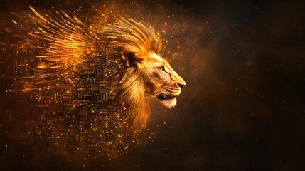 Naklejka premium Overhead view of a majestic lion with detailed eagle wings, golden fur and ancient Babylonian patterns, symbol of power and empire, desert backdrop