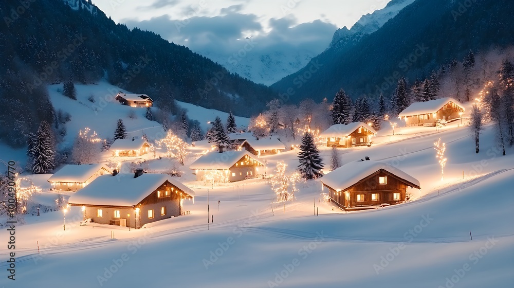 Wall mural overhead view of a snow-covered village at night, soft glowing lights from cozy homes, serene winter