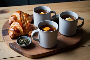 Minimalistic Stoneware Mugs with Chai Tea and Savory Croissants on Wooden Board for Trendy Cafes and Brunch Spots
