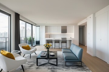 Fototapeta premium Sleek Apartment Design with Bright Open Living Space and White Walls