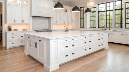 Modern White Kitchen Interior Design with Large Island and Hardwood Floors