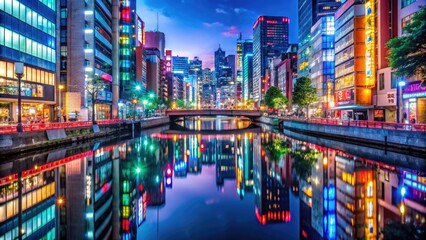 Naklejka premium Vibrant Night Neon Cityscape of Downtown Tokyo Illuminated by Colorful Lights and Reflections
