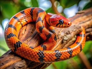 Obraz premium Vibrant Orange and Black Snake Coiled on Branch in Natural Habitat, Close-Up of Scales and Patterns