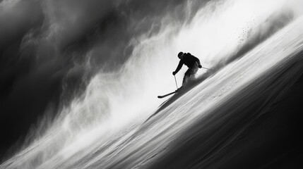 A lone skier carves through a snowy mountain slope, silhouetted against a dramatic sky. The skier's motion creates a spray of snow, and the clouds above seem to swirl in the wind.