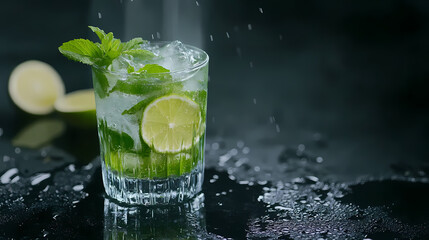 a close up of a glass of water with lime and mint,  drinking cocktail, defence, drink, cocktail bar, rum, drinks, night time raid,4k ai .