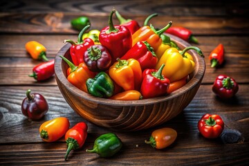 Vibrant Selection of Various Types of Peppers in a Rustic Wooden Bowl on a Dark Table Background