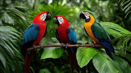Colorful Macaws on Branch in Tropical Rainforest