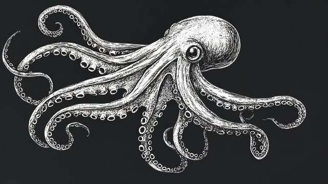 A detailed drawing of an octopus with eight tentacles on a black chalkboard