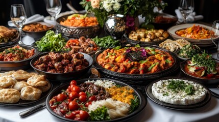 Obraz premium Circular table with an exquisite array of world cuisine, from Mediterranean to Asian, colorful platters, luxurious linens, and sparkling glassware under soft lighting