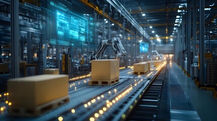 Fototapeta premium High-tech packaging facility with advanced robotics at work, holographic projections showing live food quality assurance metrics in the air
