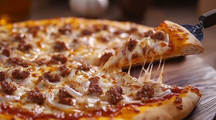 Close-up of a pizza cutter slicing through a circular pizza, melted cheese stretching, toppings like sausage and onions evenly distributed across the entire pie