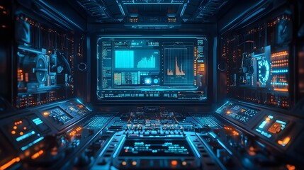 Fototapeta premium Futuristic control panel displaying holographic production data in a factory, surrounded by metallic robots, glowing digital graphs, vibrant blue lighting, cybernetic, hyper-detailed 3D