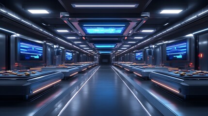 Fototapeta premium A sleek conveyor belt scanning food items with AI-driven quality control, blue and white holographic screens hovering above, cyberpunk vibes, neon lighting, ultra-realistic